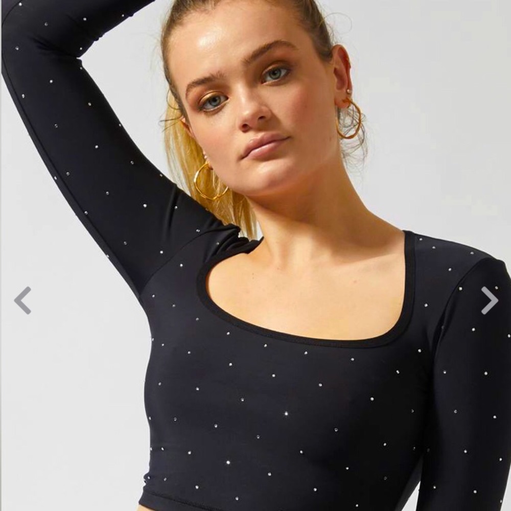 New Adam Selman Sport Crystal Rhinestone Embellishments Crop Top Long sleeves